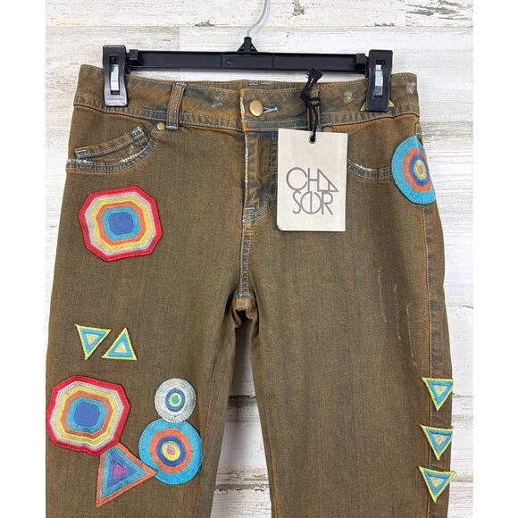 Revolve Chaser Women’s 27 Green Patched Boho Skinny Denim Jeans Retro NWT - Picture 5 of 7